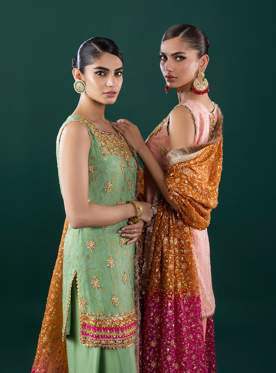 Mint Green Embroidered Self-Jacquard Salwar Kameez (3-Piece) - Image 9