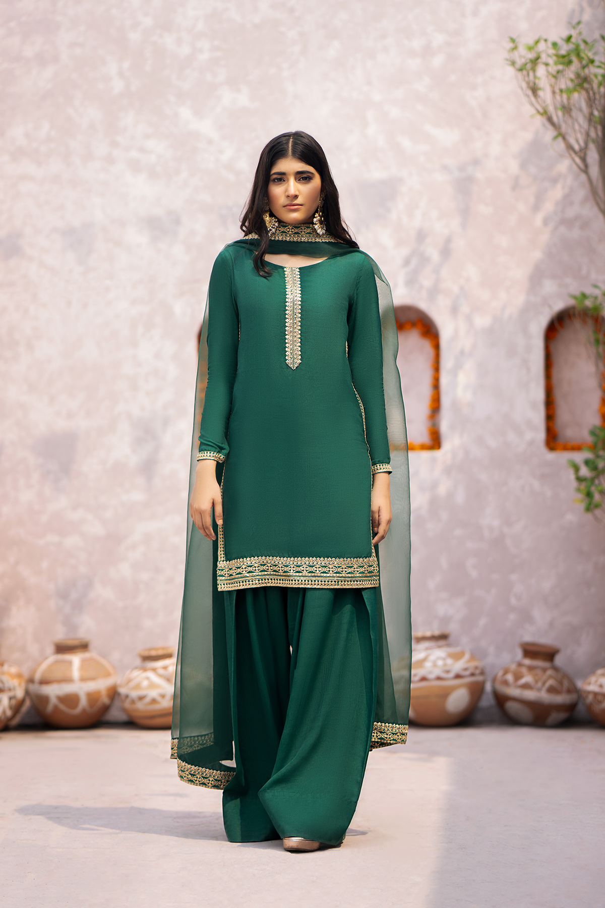 Emerald Green Embroidered Raw Silk Salwar Kameez (3-Piece) - Image 1