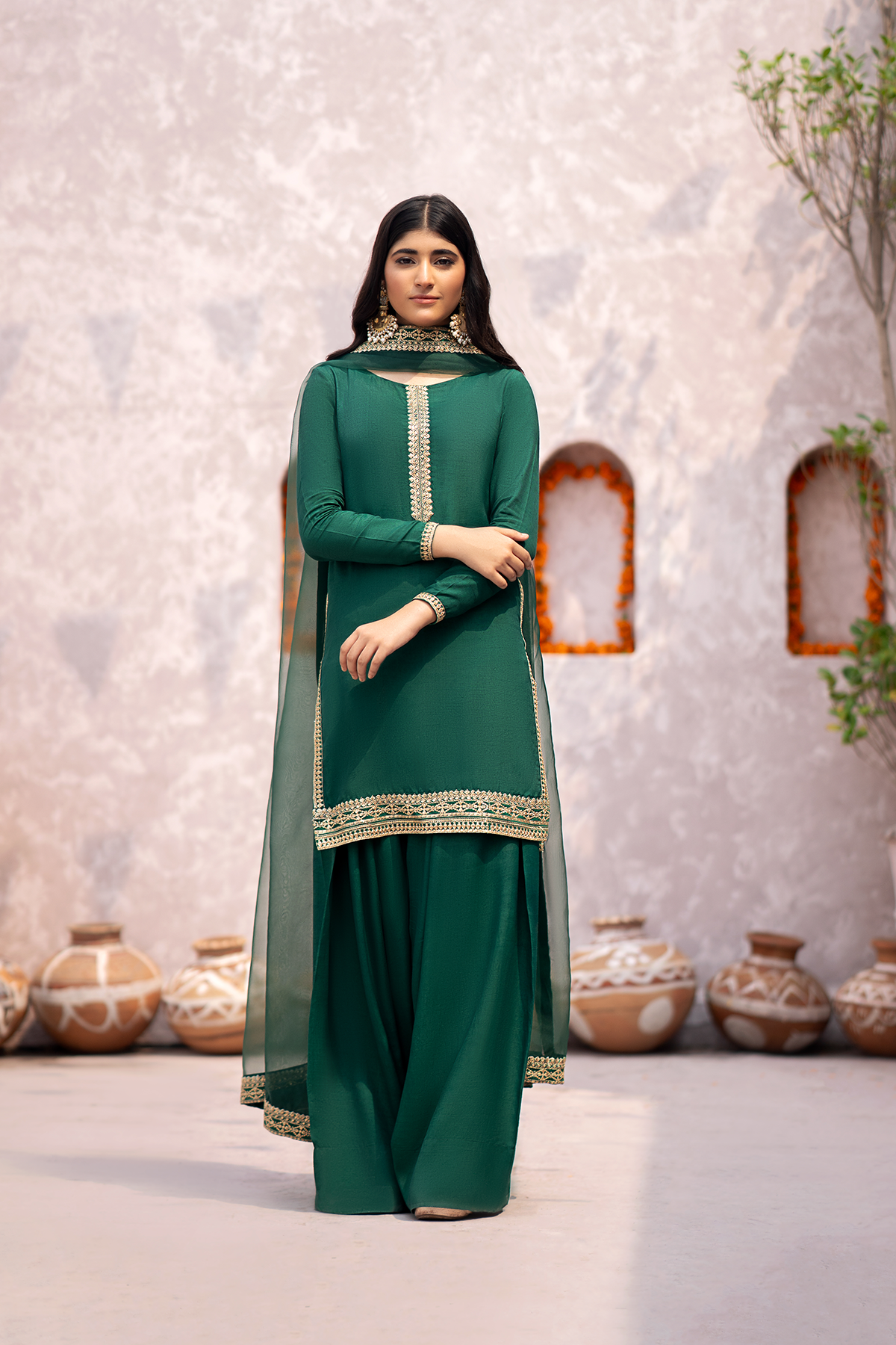 Emerald Green Embroidered Raw Silk Salwar Kameez (3-Piece) - Image 3