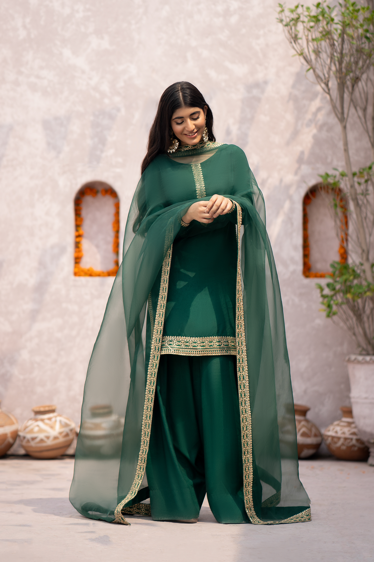 Emerald Green Embroidered Raw Silk Salwar Kameez (3-Piece) - Image 4