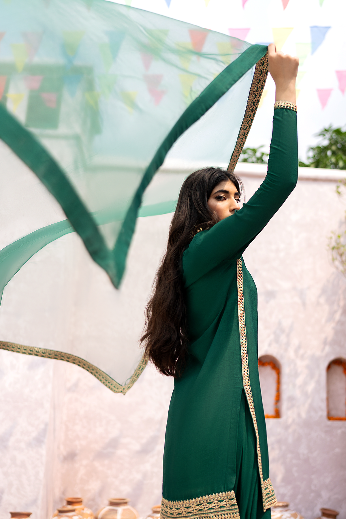 Emerald Green Embroidered Raw Silk Salwar Kameez (3-Piece) - Image 5