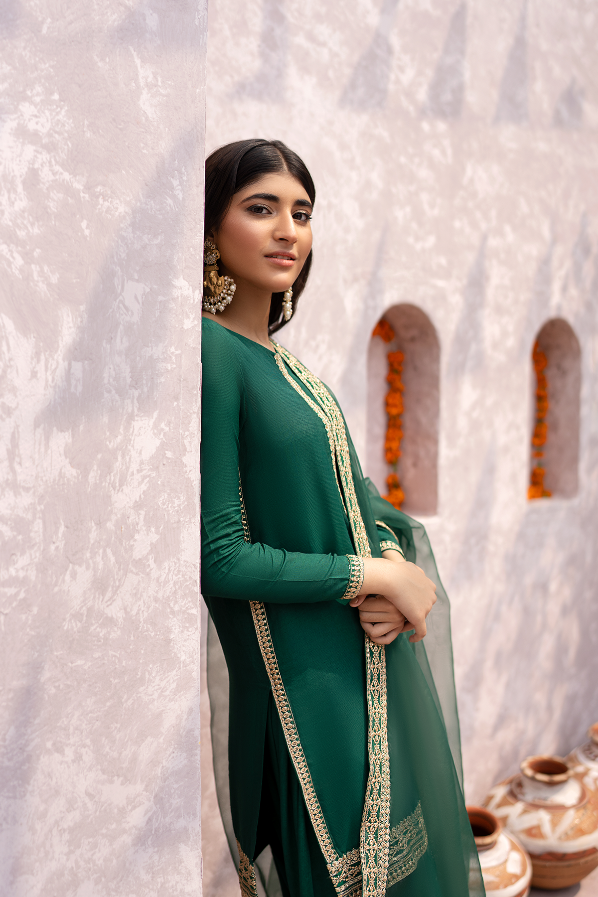 Emerald Green Embroidered Raw Silk Salwar Kameez (3-Piece) - Image 6