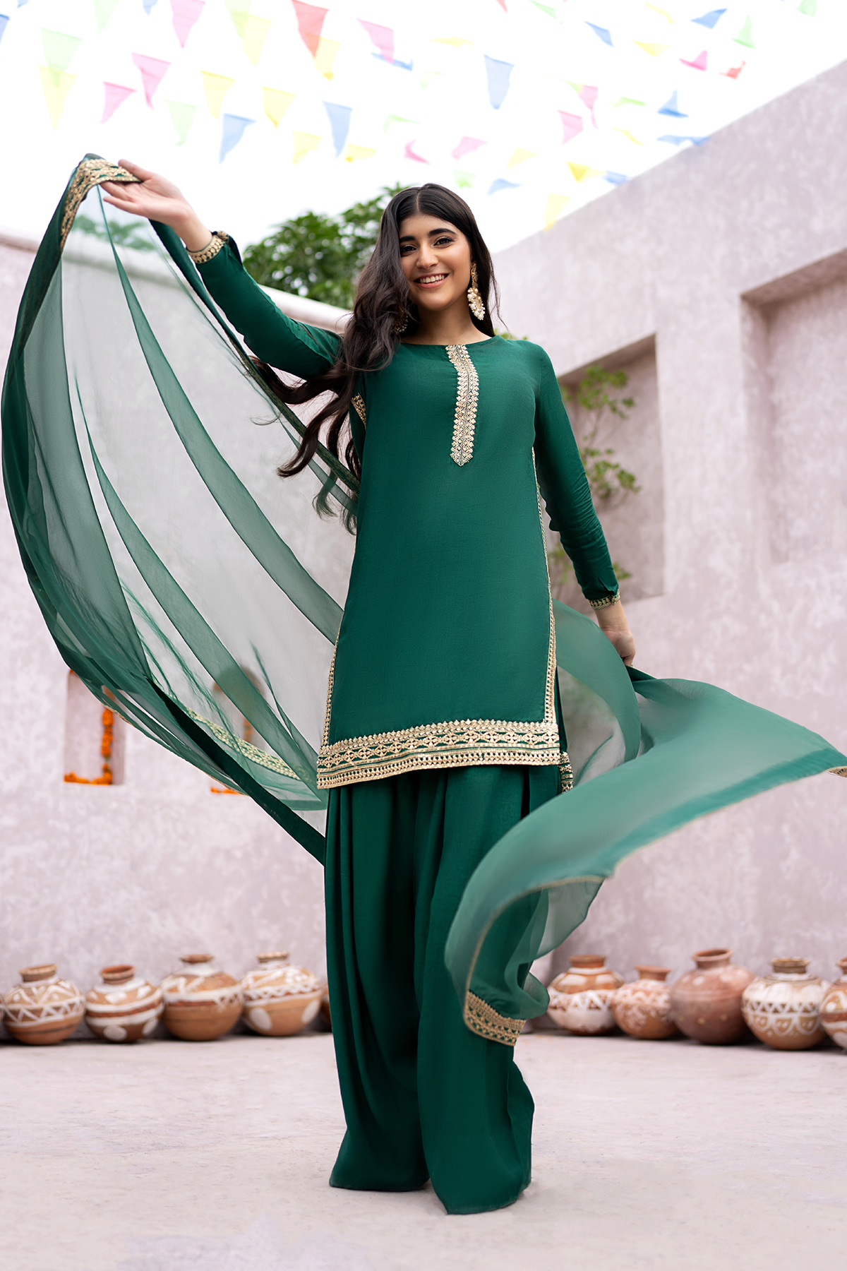 Emerald Green Embroidered Raw Silk Salwar Kameez (3-Piece) - Image 7