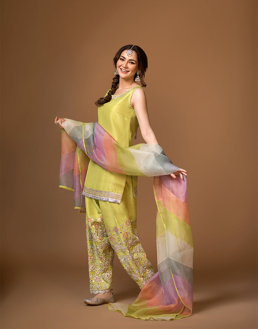 Lime Embroidered Raw Silk Shalwar Kameez (3-Piece) - Image 2
