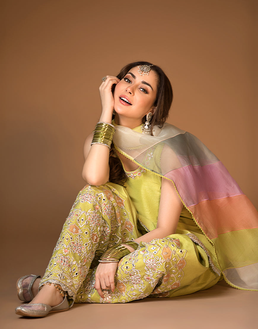 Lime Embroidered Raw Silk Shalwar Kameez (3-Piece) - Image 3