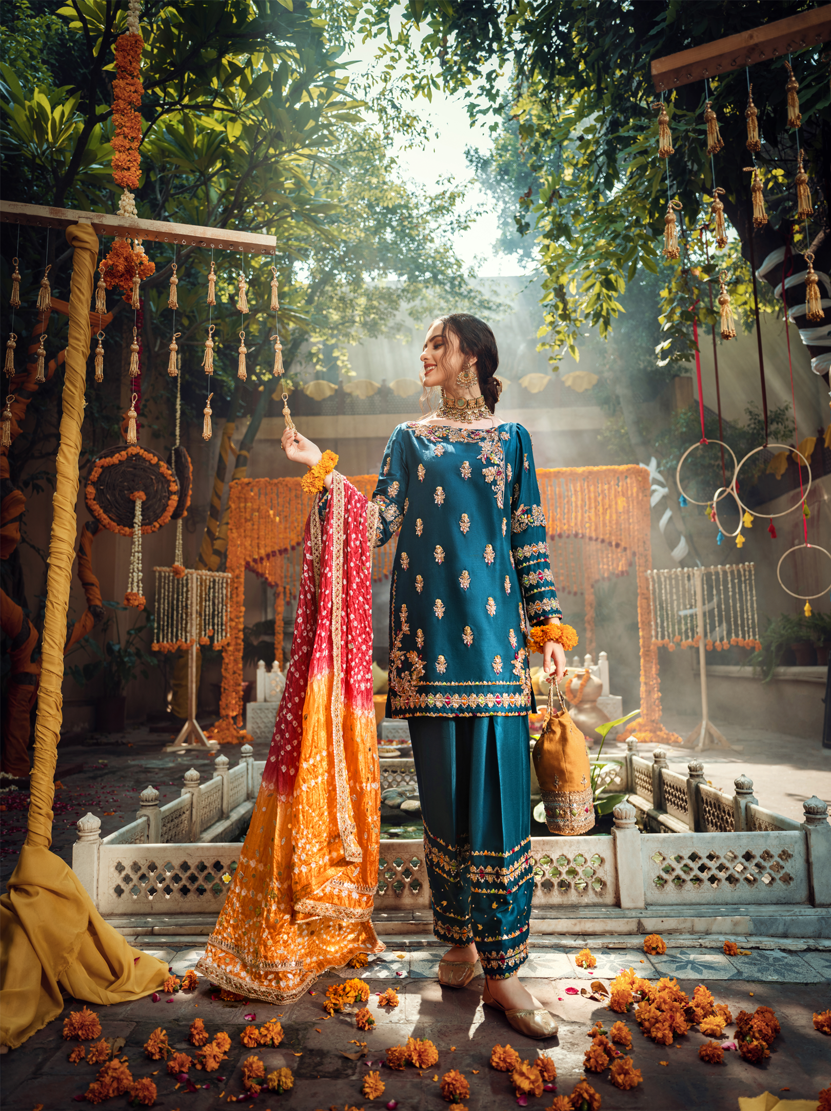 Pakistani Teal Embroidered Pure Raw Silk Salwar Kameez (3-Piece) - Image 3