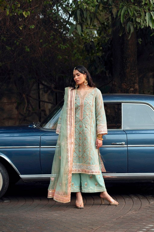 Pakistani Aqua Green Gota Embroidered PK Raw Silk Salwar Kameez (3-Piece) - Image 1