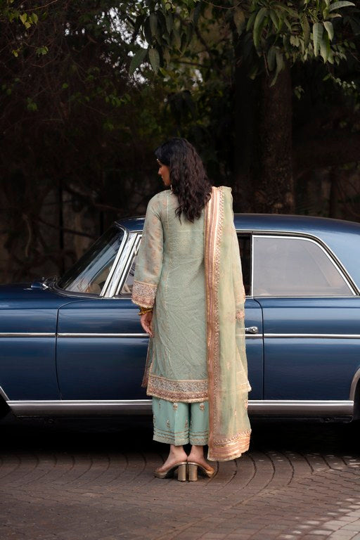 Pakistani Aqua Green Gota Embroidered PK Raw Silk Salwar Kameez (3-Piece) - Image 2