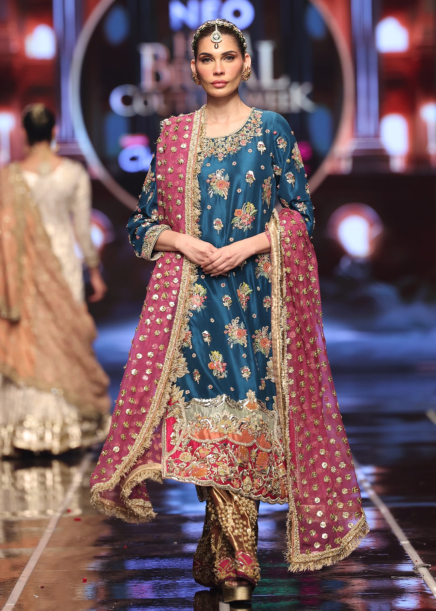 Teal Embroidered Raw Silk Salwar Kameez (3-Piece) - Image 1