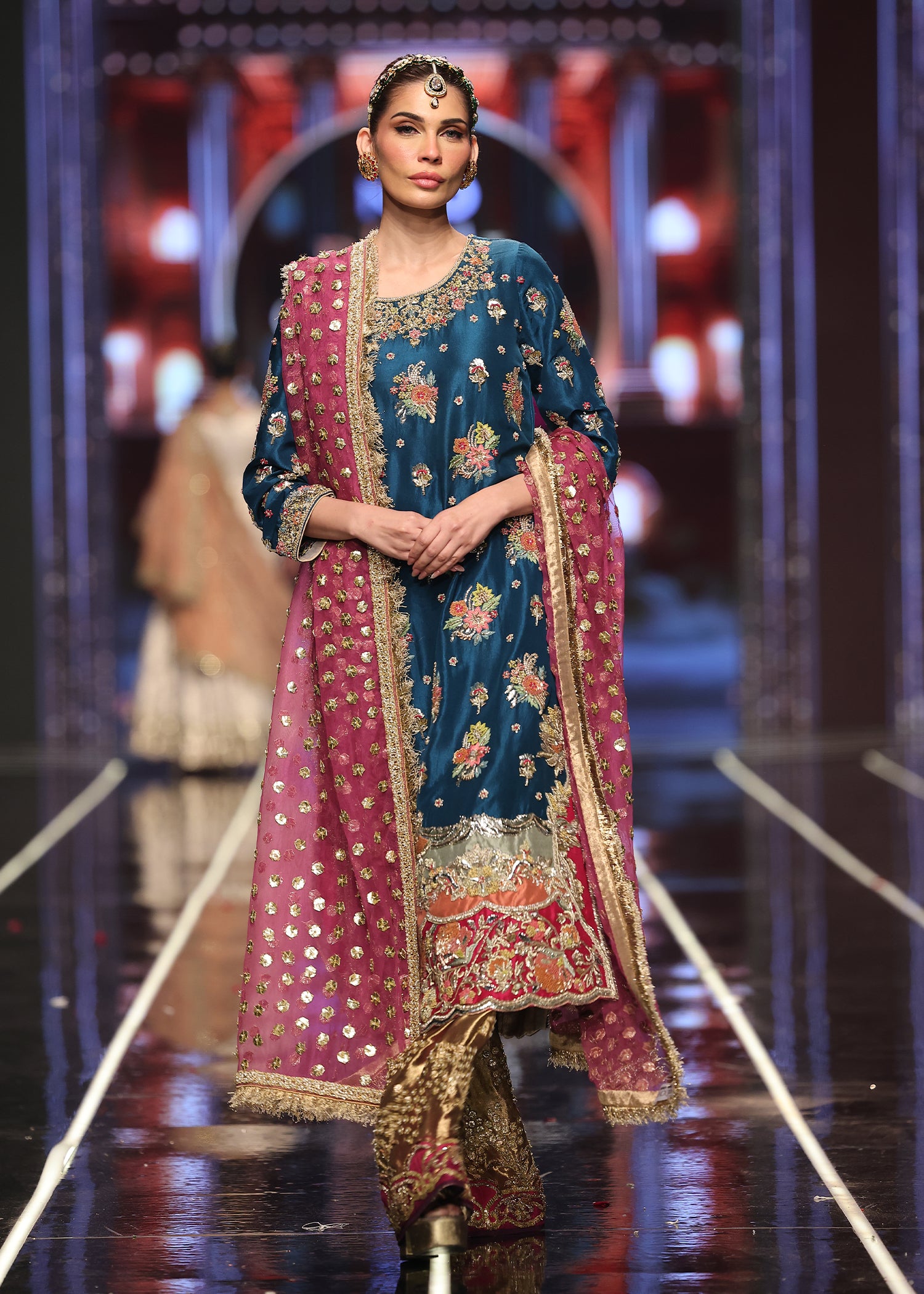 Teal Embroidered Raw Silk Salwar Kameez (3-Piece) - Image 2