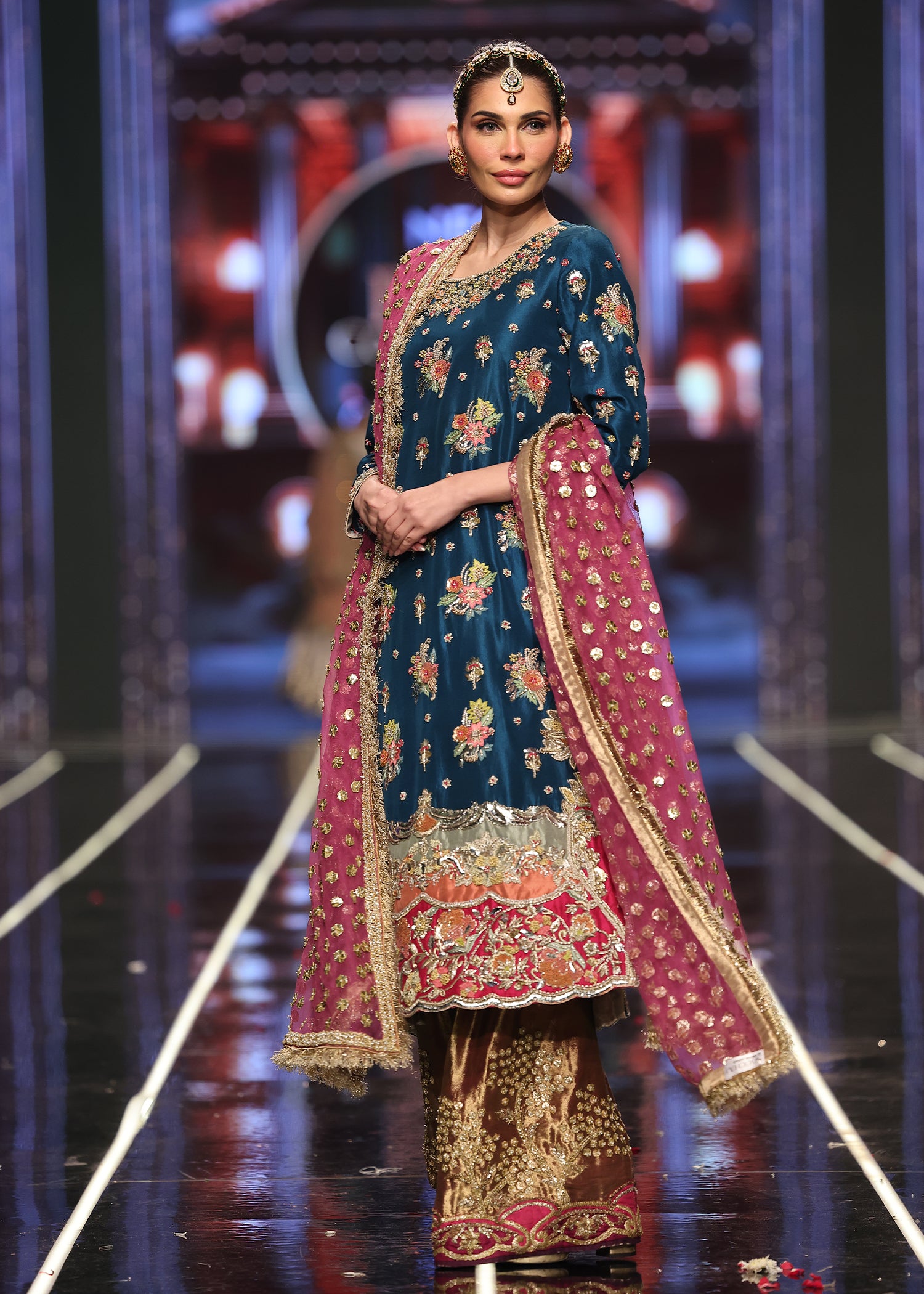 Teal Embroidered Raw Silk Salwar Kameez (3-Piece) - Image 3