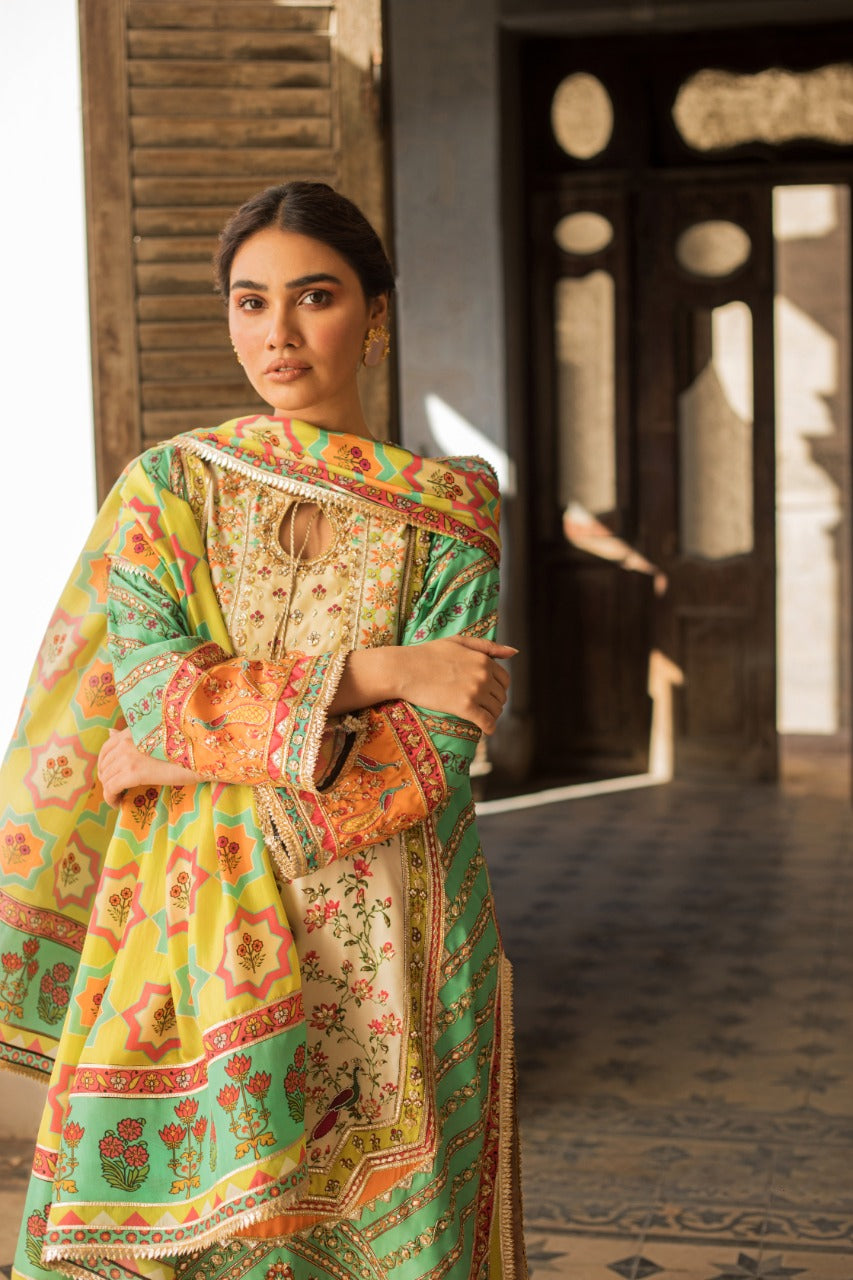 Celadon Gota Zardozi Raw Silk Kurta (3-Piece) - Image 3