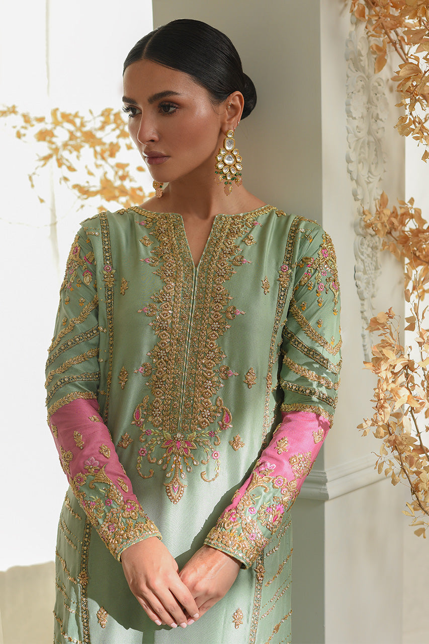 Mint Embroidered Raw Silk Salwar Kameez (3-Piece) - Image 2