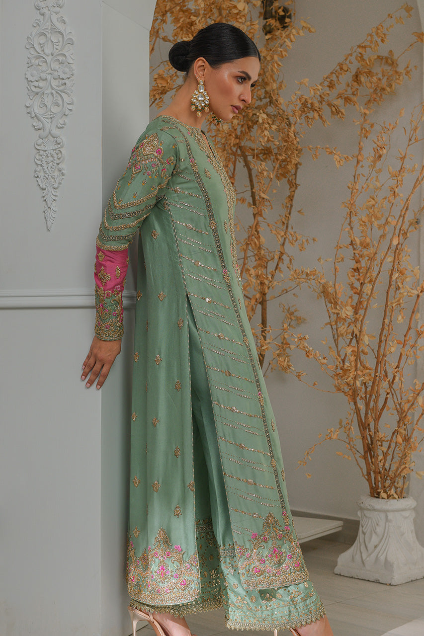 Mint Embroidered Raw Silk Salwar Kameez (3-Piece) - Image 3