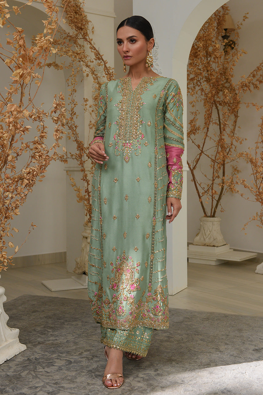 Mint Embroidered Raw Silk Salwar Kameez (3-Piece) - Image 4