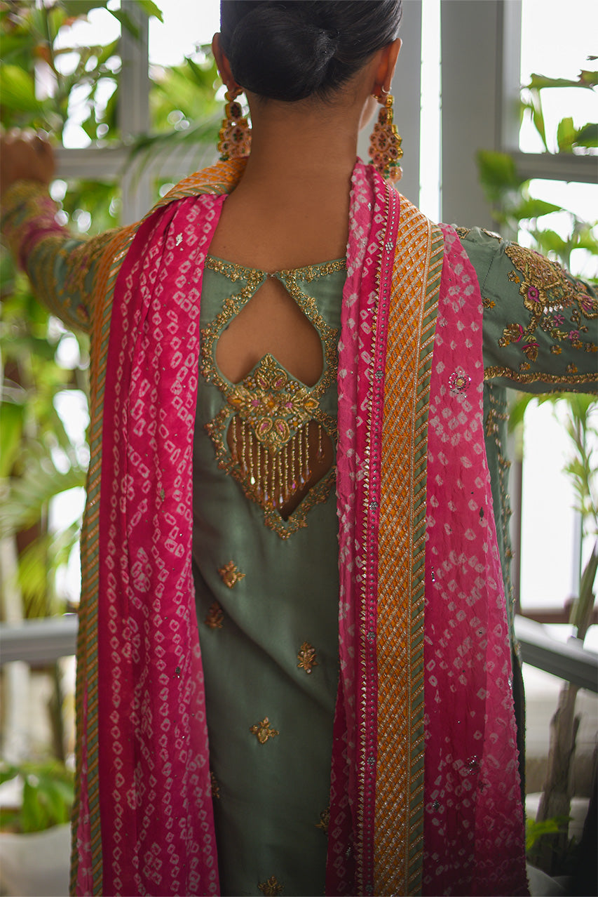 Mint Embroidered Raw Silk Salwar Kameez (3-Piece) - Image 5