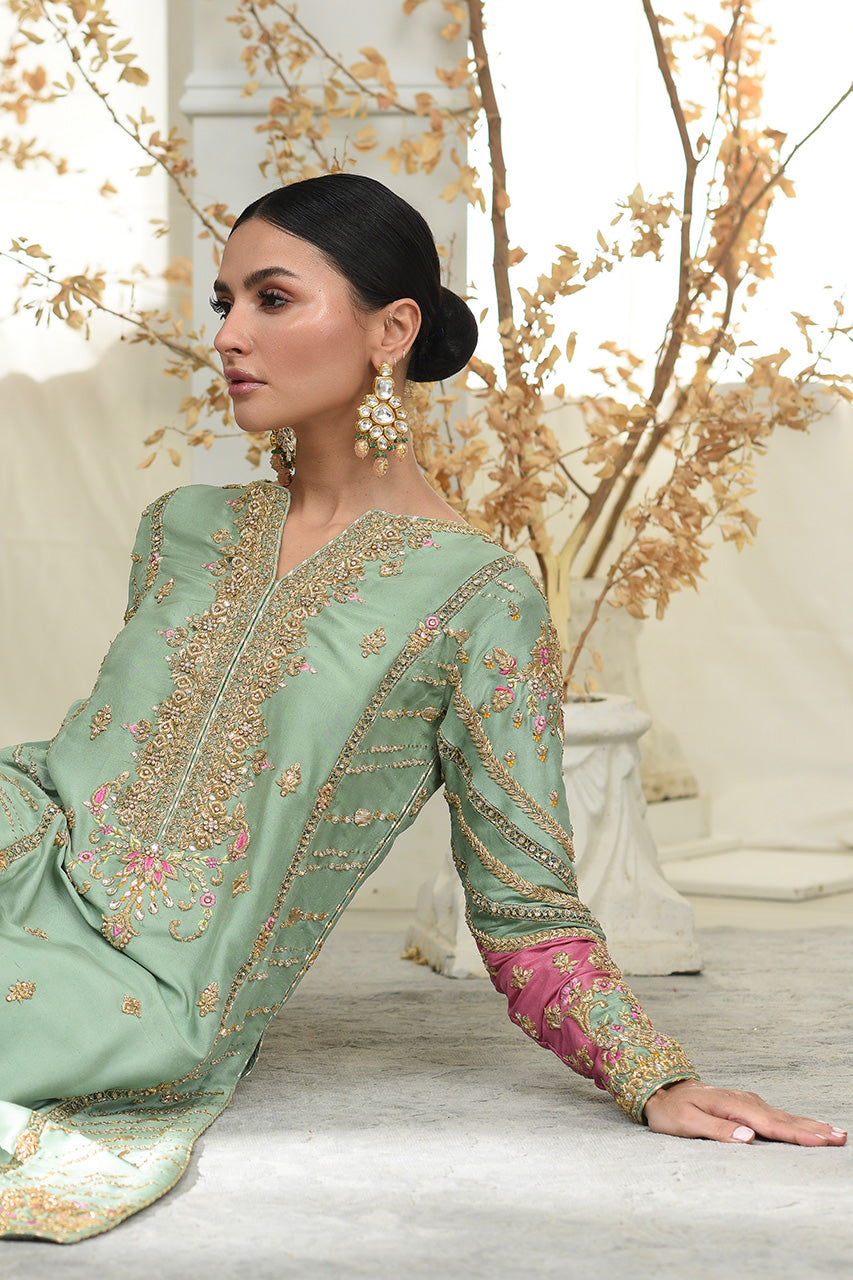 Mint Embroidered Raw Silk Salwar Kameez (3-Piece) - Image 6