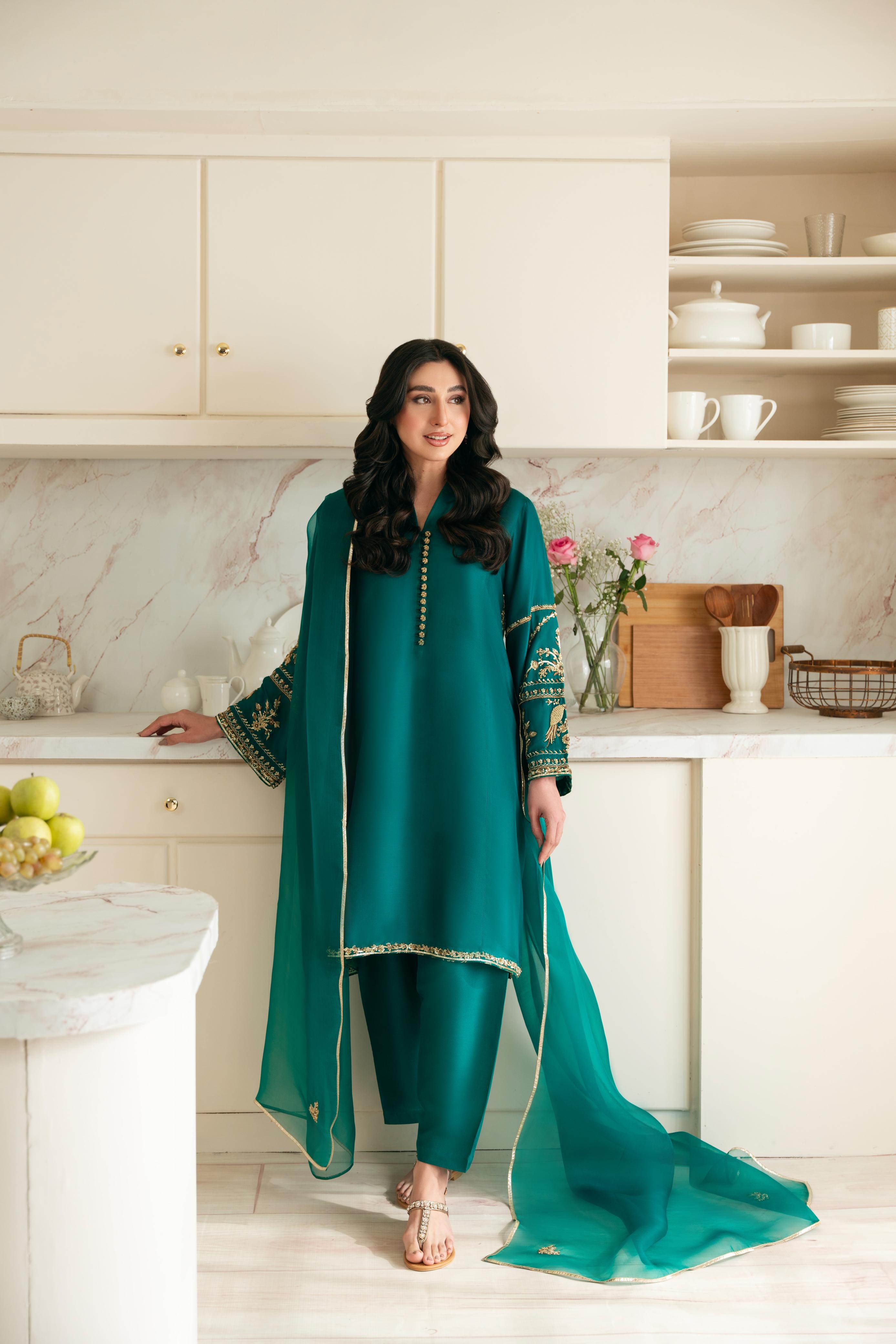 Emerald Green Hand Ada Work Silk Salwar Kameez (3-Piece) - Image 1