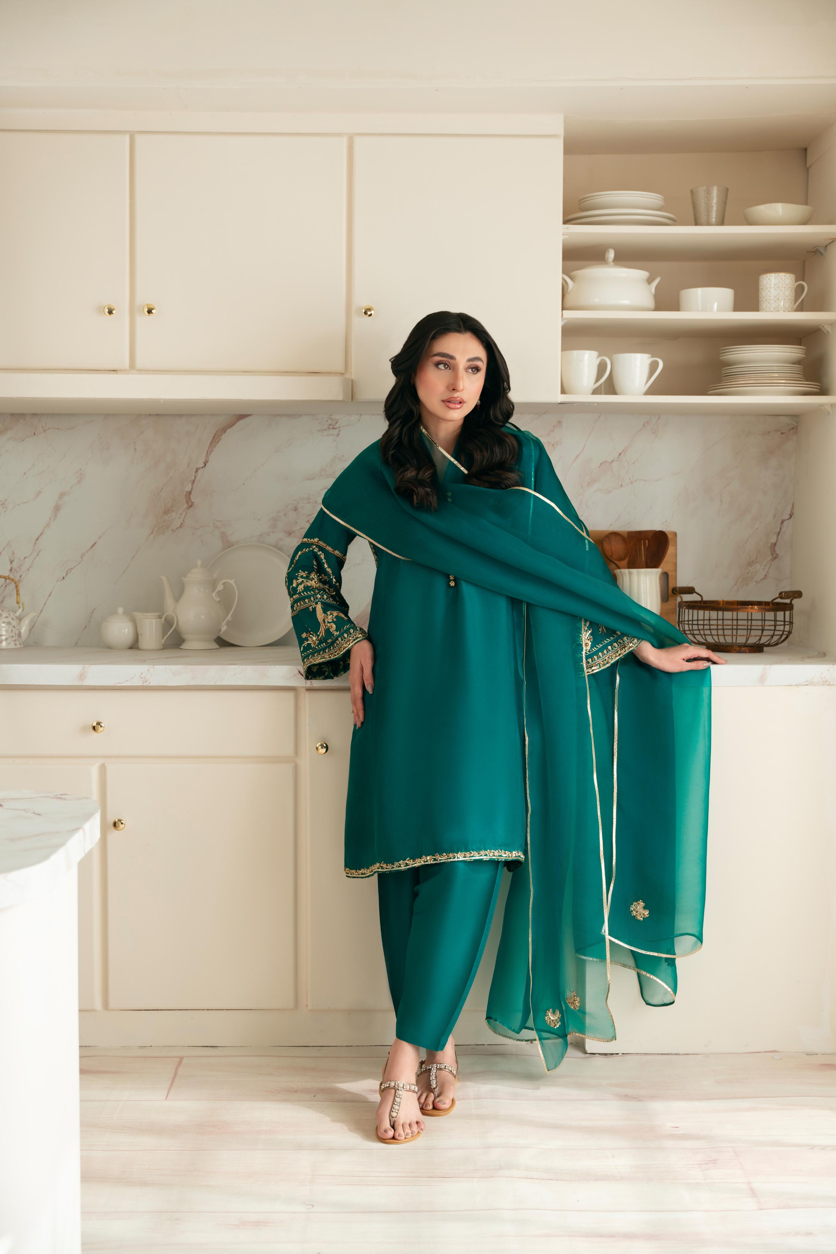Emerald Green Hand Ada Work Silk Salwar Kameez (3-Piece) - Image 4