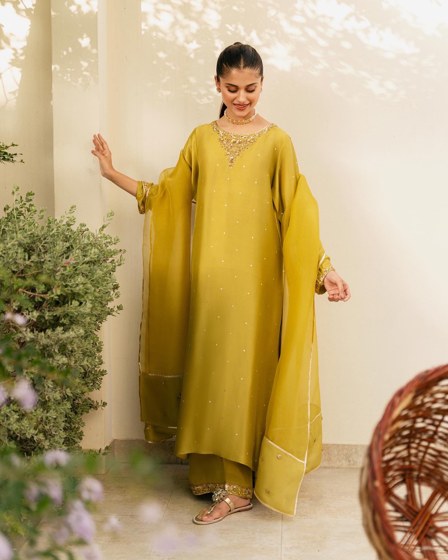 Dhani Green Hand Ada Embroidered Silk Salwar Kameez (3-Piece) - Image 3