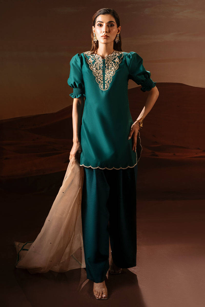 Pakistani Bottle Green Hand-Embellished Silk Salwar Kameez (3-Piece) - Image 1