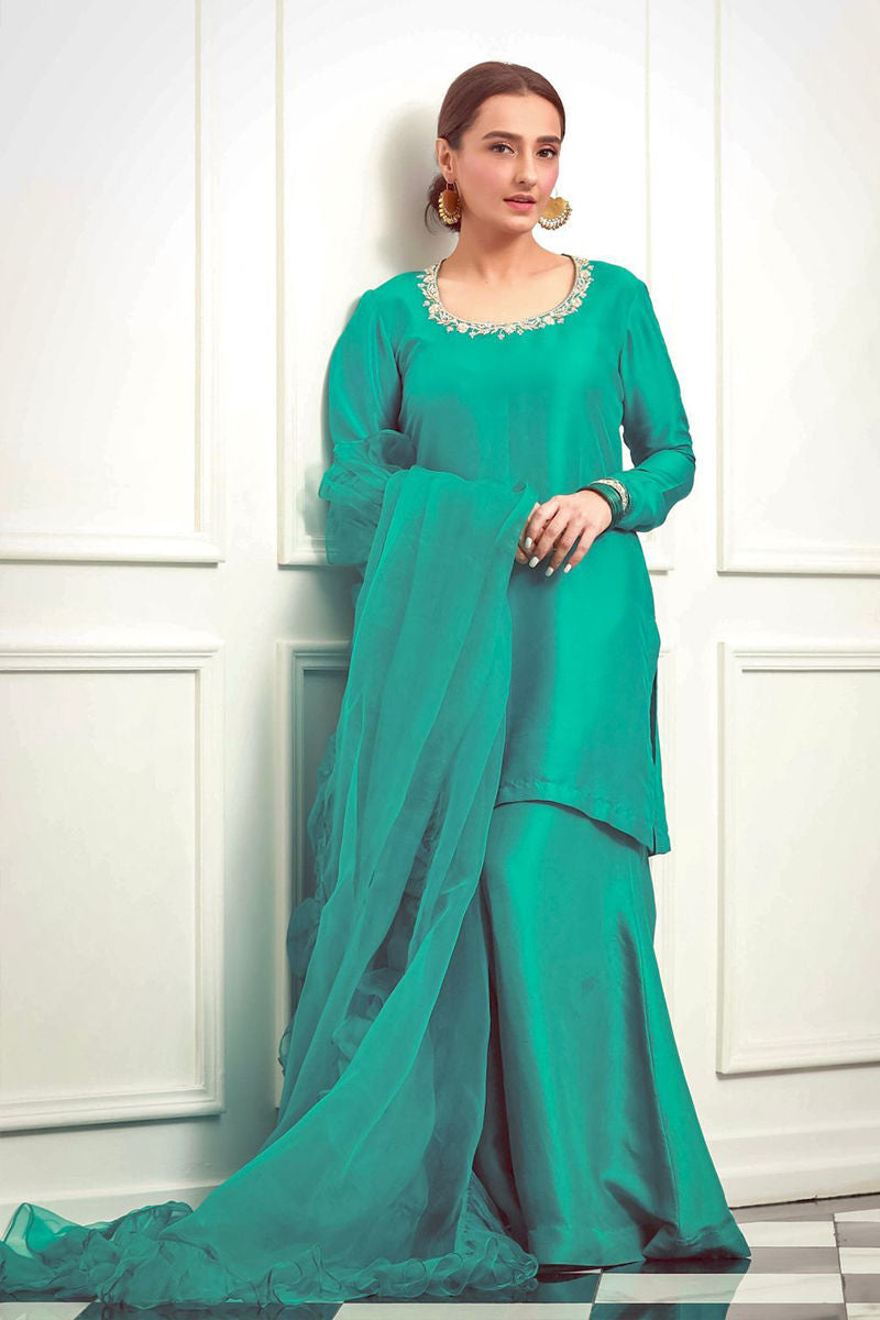 Pakistani Jade Green Hand-Embellished Silk Kurta Set (3-Piece) - Image 1