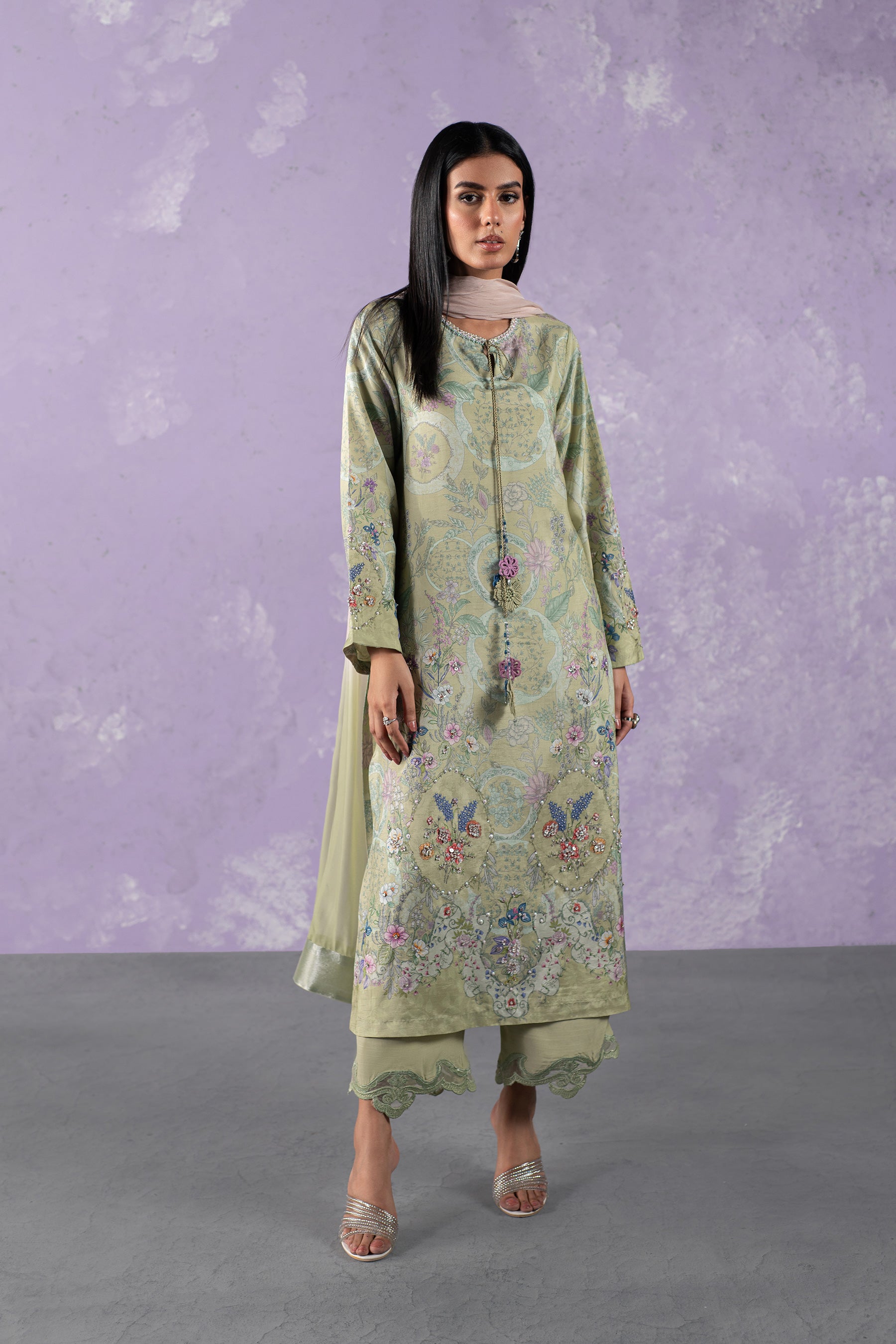 Pakistani Pistachio Mint Embellished Silk Salwar Kameez (3-Piece) - Image 1