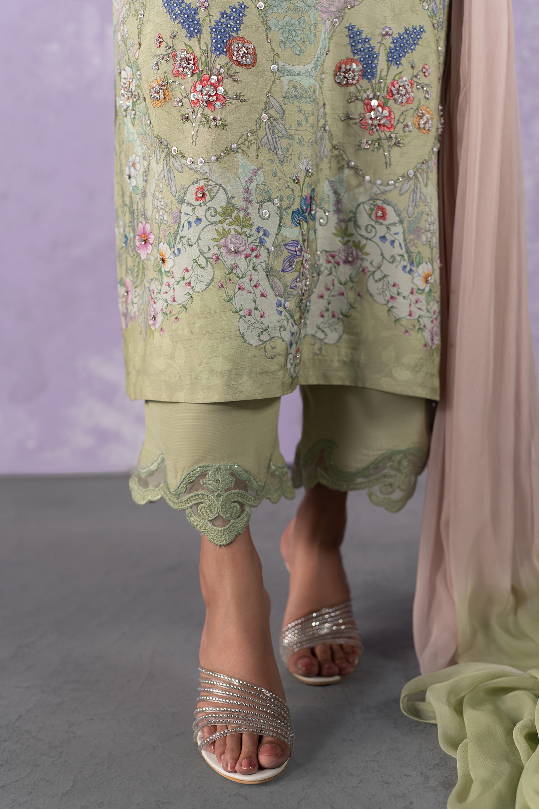 Pakistani Pistachio Mint Embellished Silk Salwar Kameez (3-Piece) - Image 3