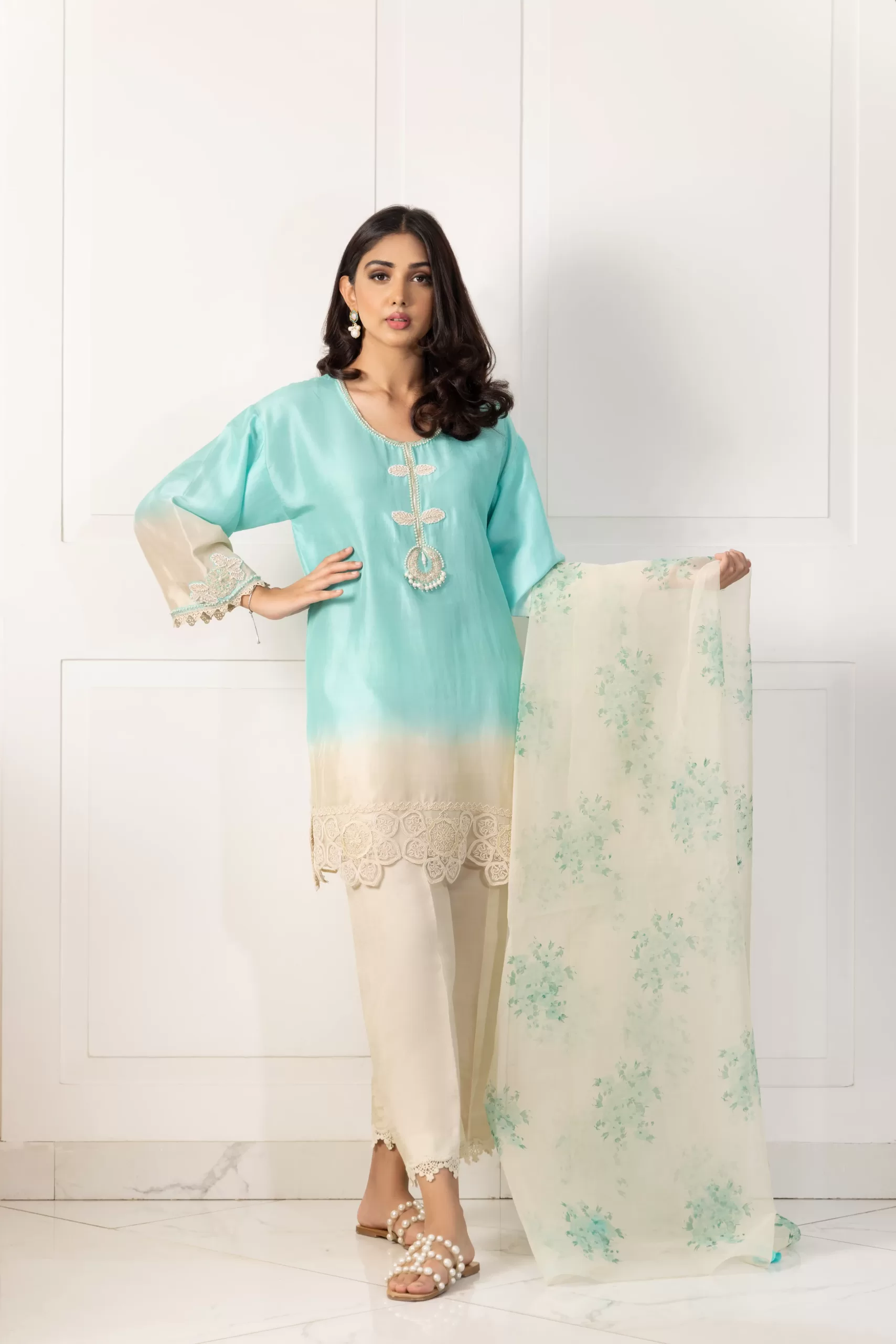 Pakistani Mint Beige Handworked Silk Tunic Set (3-Piece) - Image 1