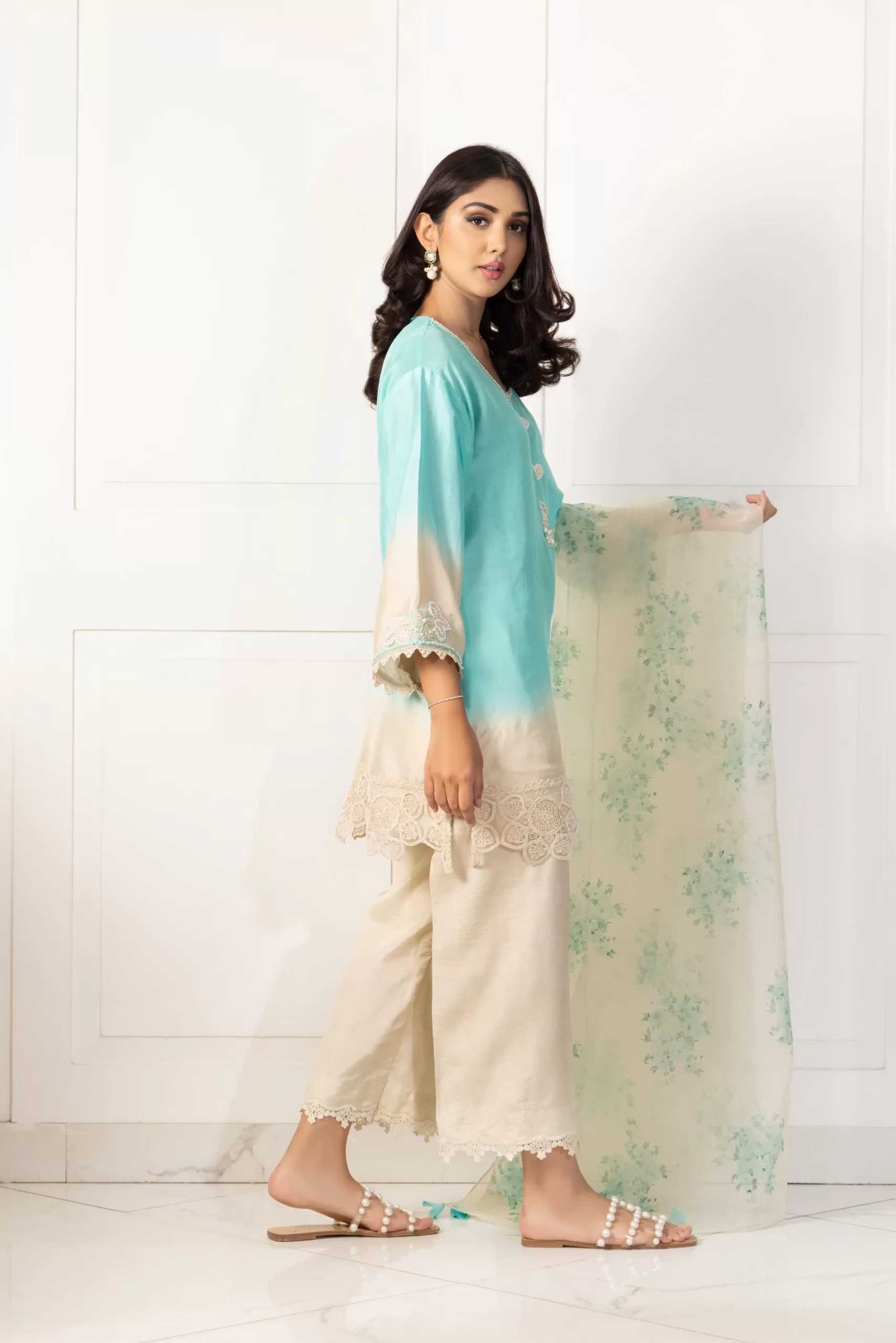 Pakistani Mint Beige Handworked Silk Tunic Set (3-Piece) - Image 2