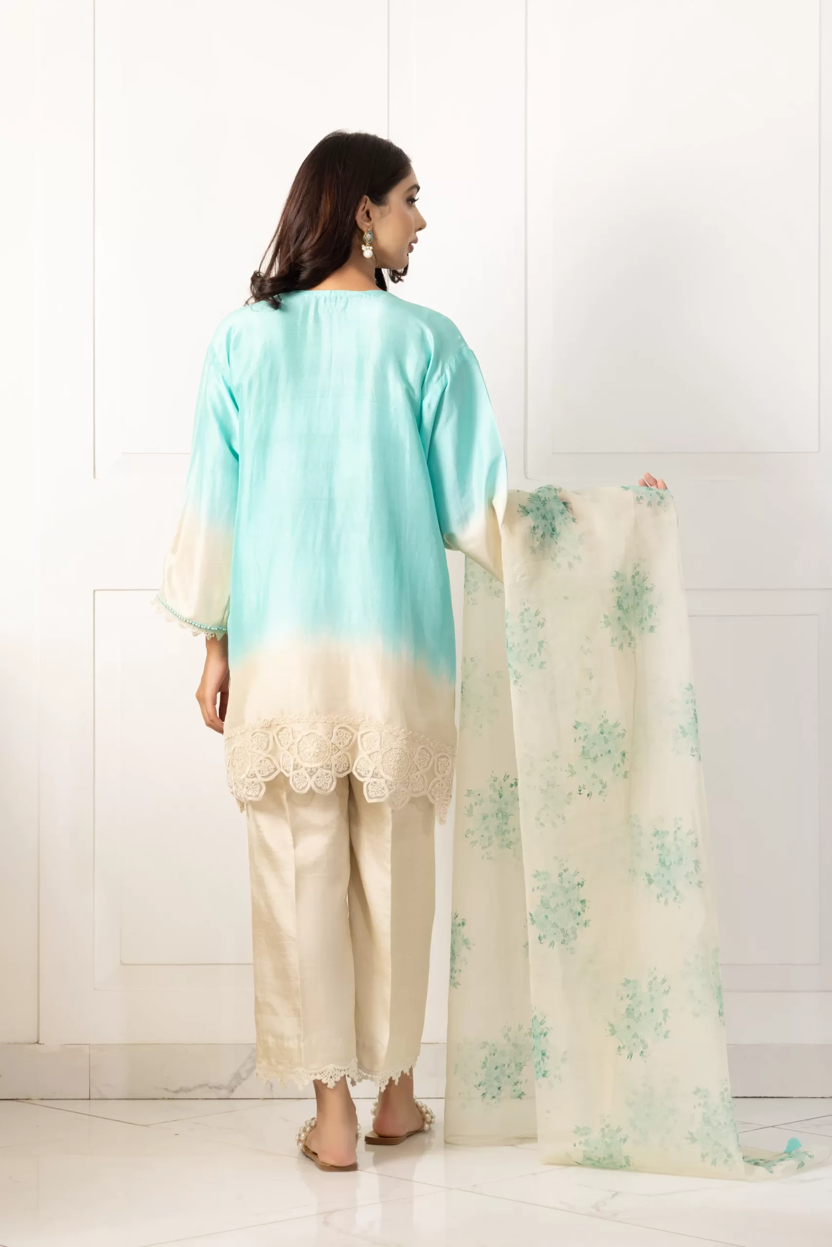 Pakistani Mint Beige Handworked Silk Tunic Set (3-Piece) - Image 3