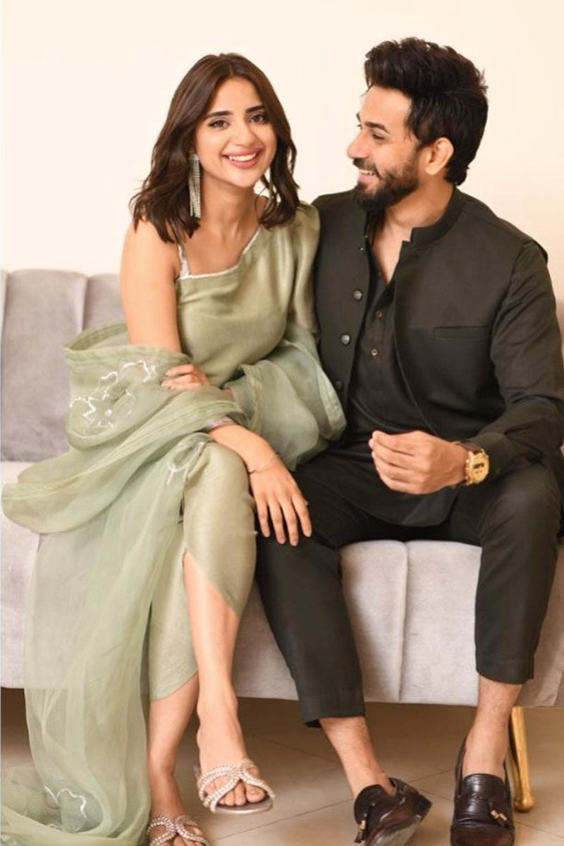 Sage Green Handworked Raw Silk Salwar Kameez (3-Piece) - Image 4