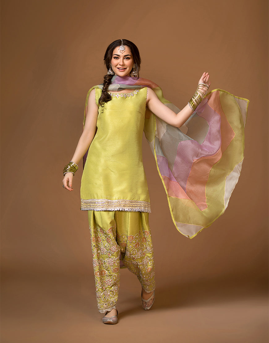 Lime Embroidered Raw Silk Shalwar Kameez (3-Piece) - Image 1