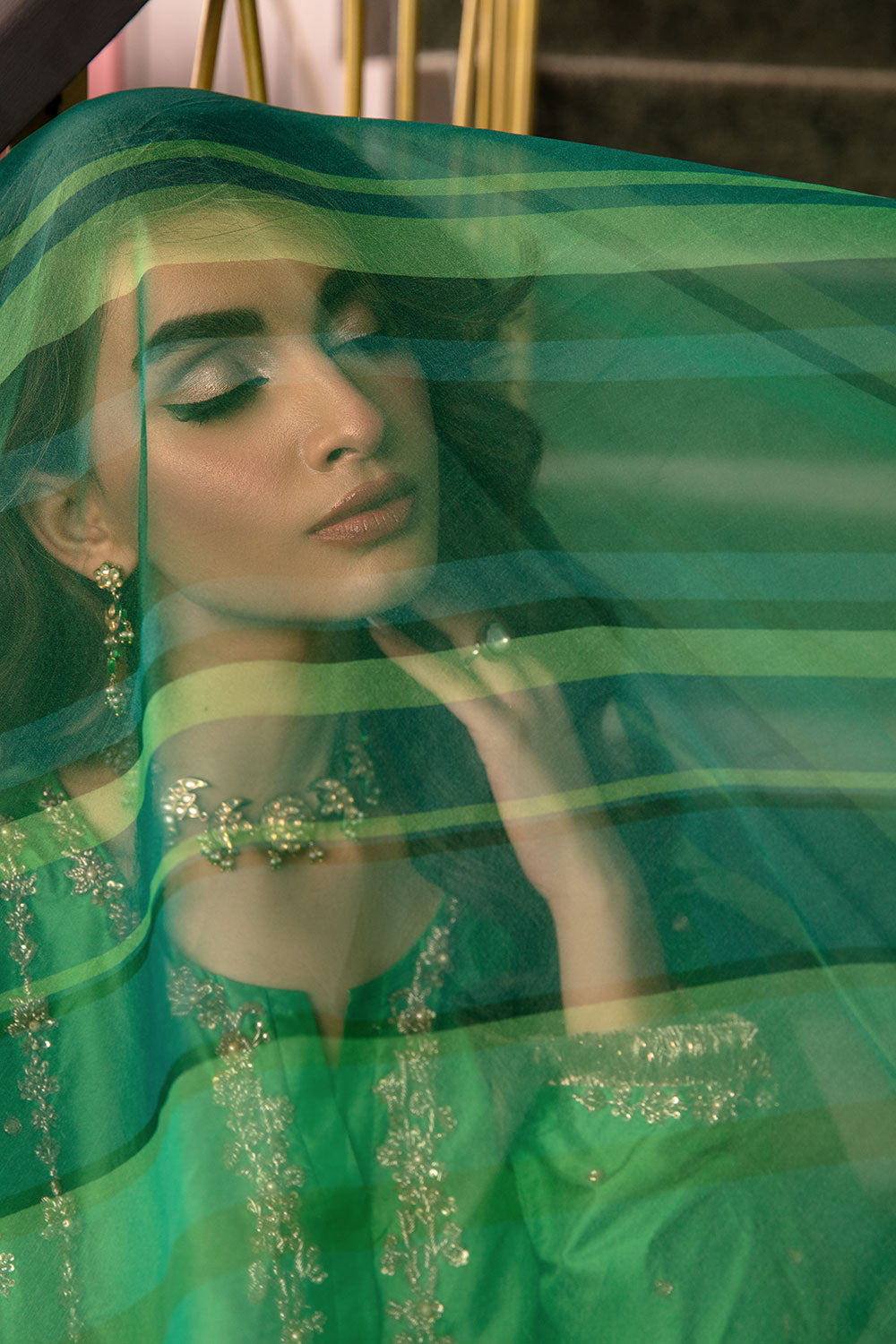 Pakistani Emerald Hand-Embroidered Korean Raw Silk Salwar Kameez (3-Piece) - Image 10