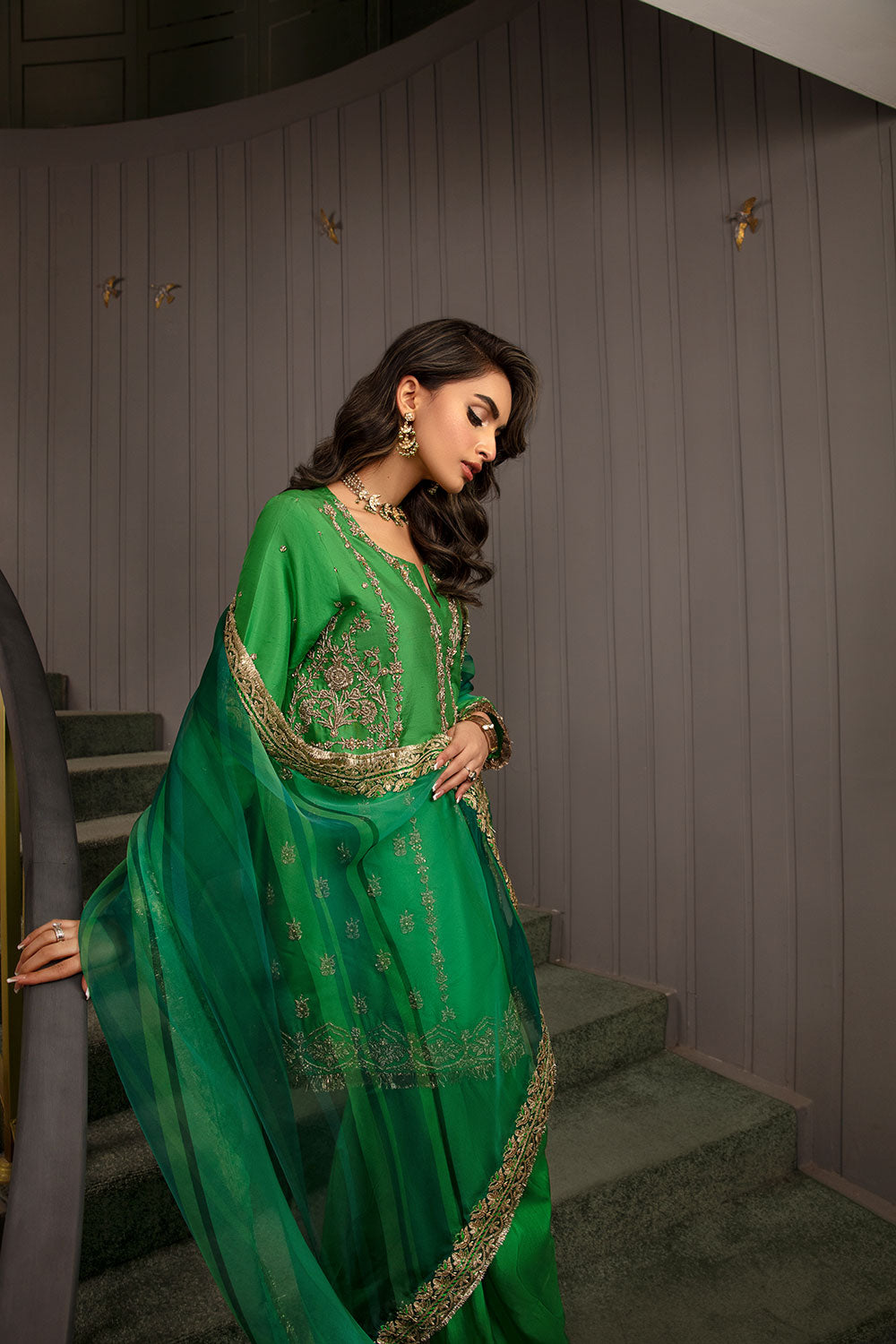 Pakistani Emerald Hand-Embroidered Korean Raw Silk Salwar Kameez (3-Piece) - Image 6