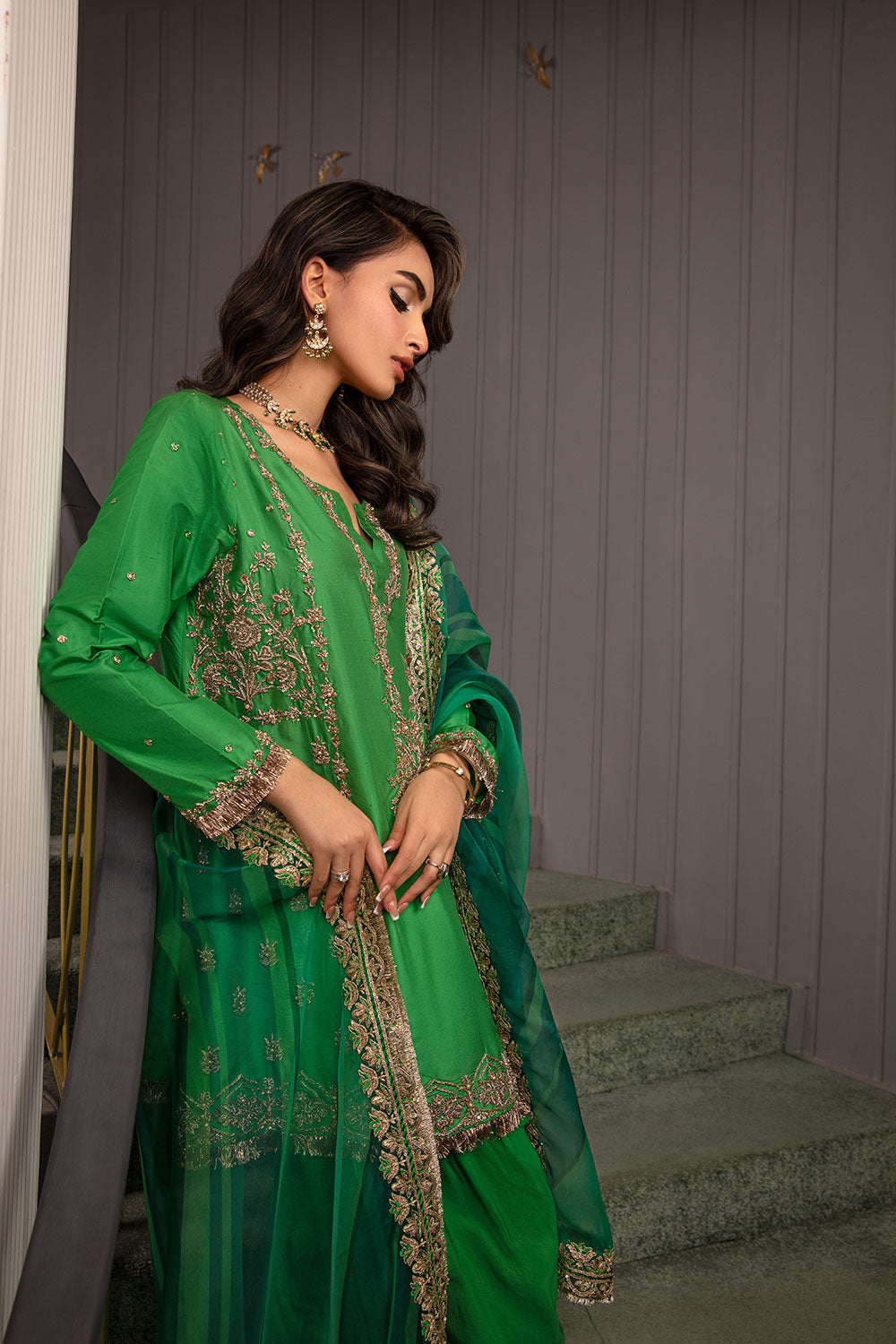 Pakistani Emerald Hand-Embroidered Korean Raw Silk Salwar Kameez (3-Piece) - Image 7