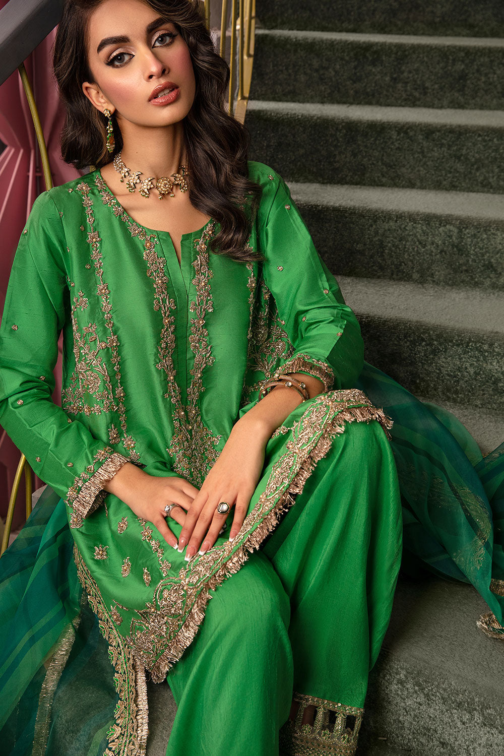 Pakistani Emerald Hand-Embroidered Korean Raw Silk Salwar Kameez (3-Piece) - Image 9