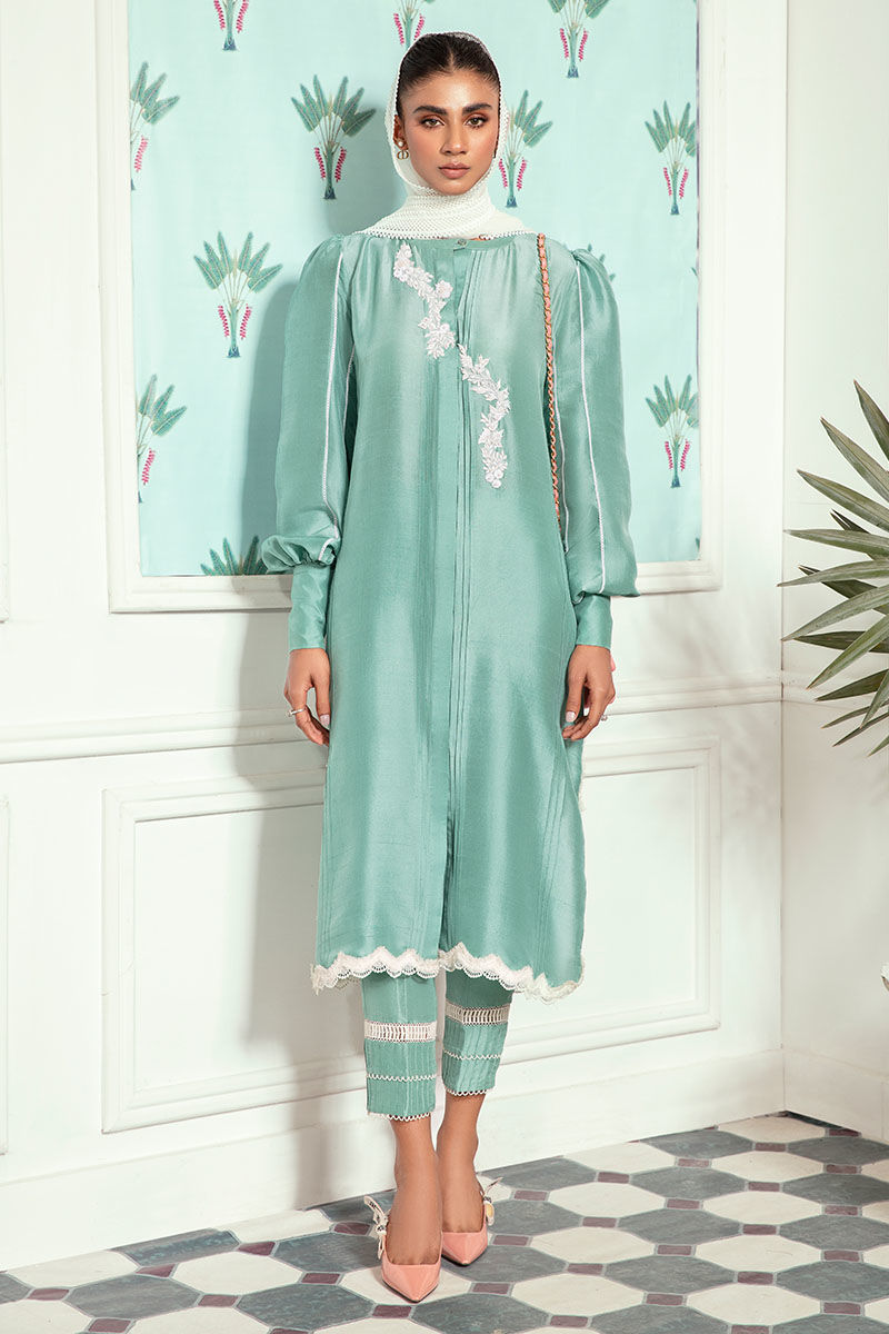 Teal Green Hand-Embellished Pure Raw Silk Kurta Set (3-Piece) - Image 1