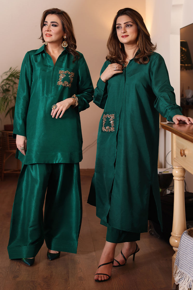 Pakistani Bottle Green Handworked Raw Silk Salwar Kameez (2-Piece) - Image 1