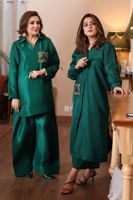 Pakistani Bottle Green Handworked Raw Silk Salwar Kameez (2-Piece) - Image 2