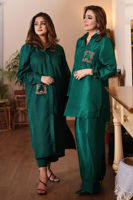 Pakistani Bottle Green Handworked Raw Silk Salwar Kameez (2-Piece) - Image 3