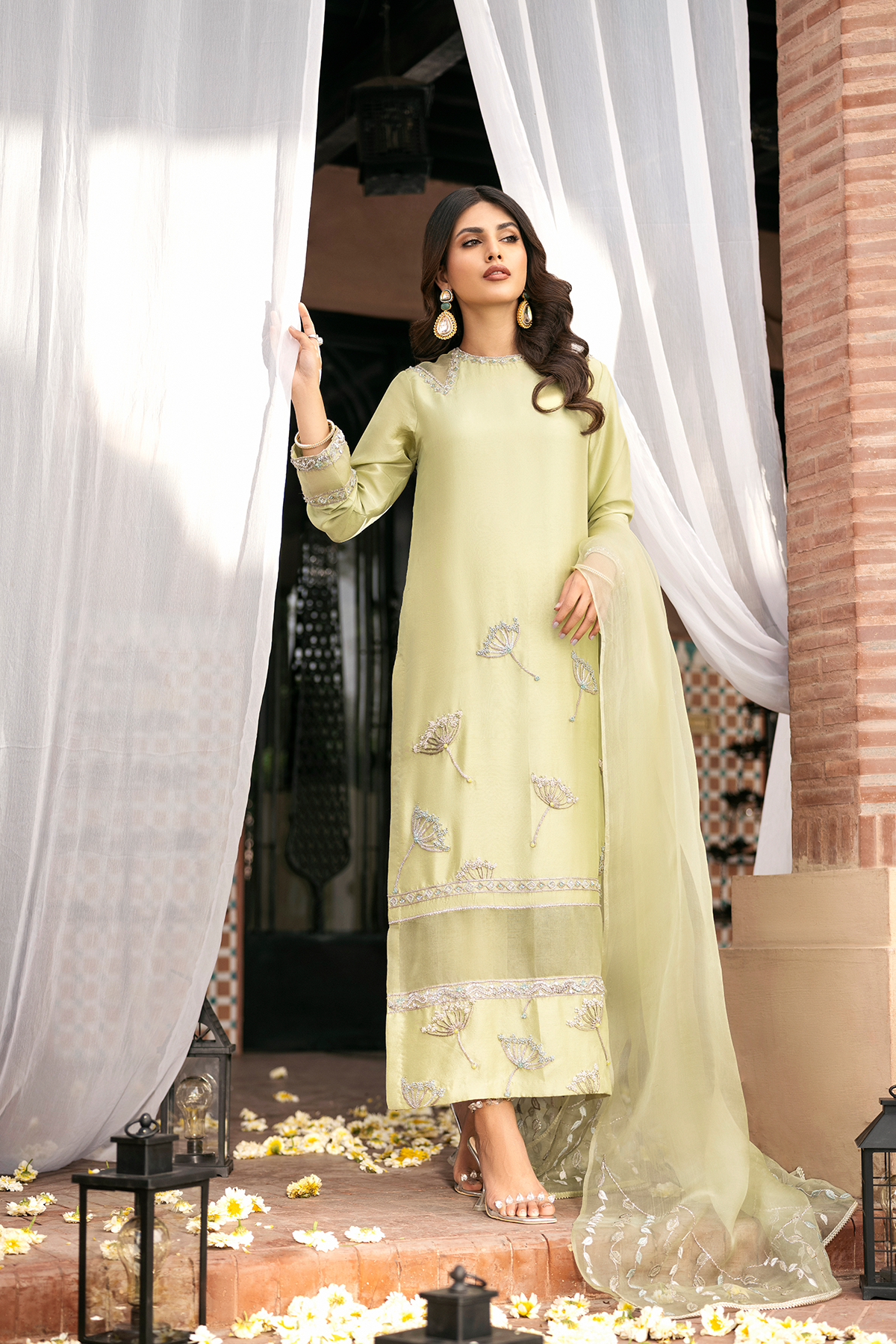 Luminary Green Hand-Embellished Raw Silk Salwar Kameez (3-Piece) - Image 1