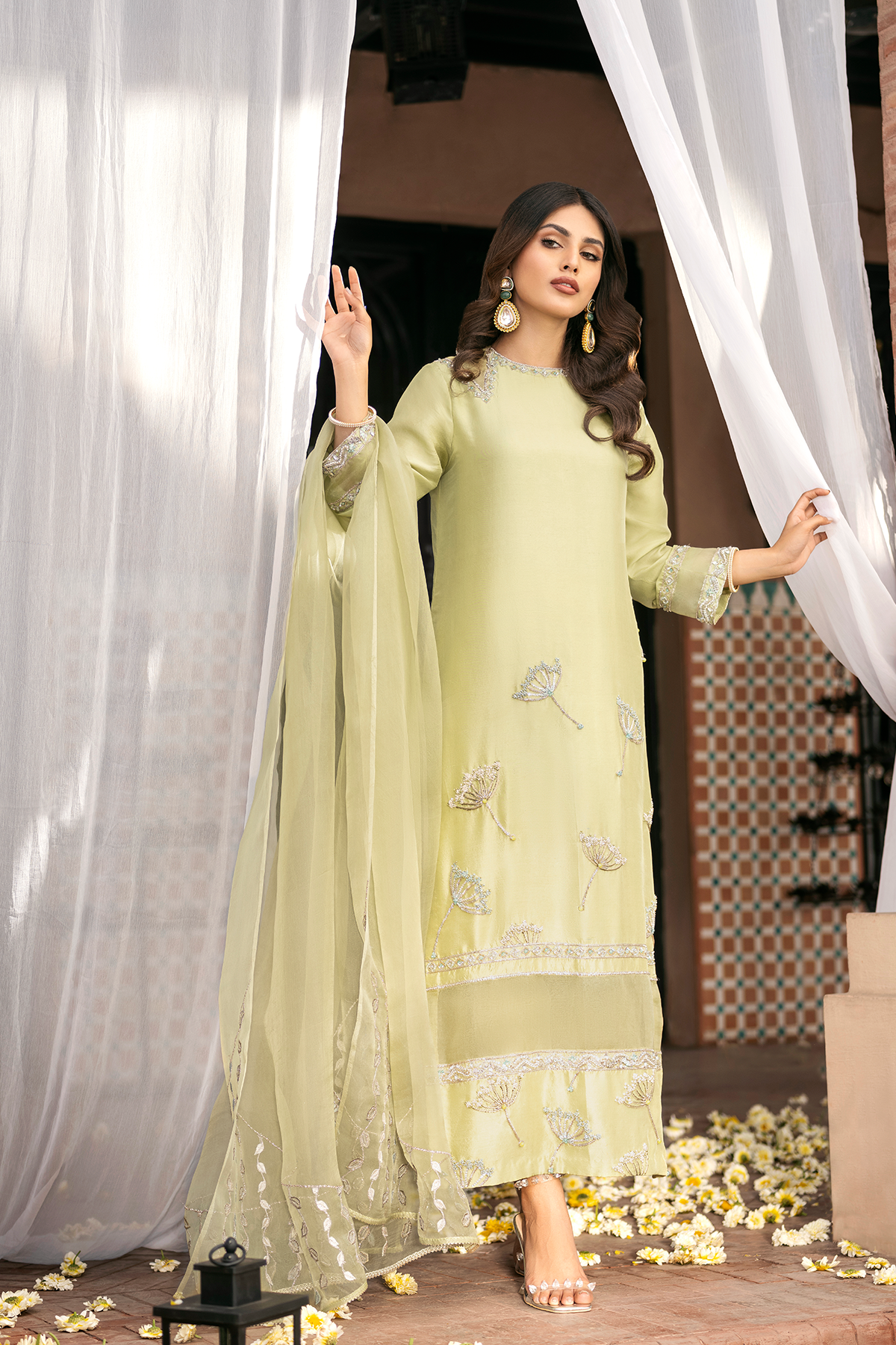 Luminary Green Hand-Embellished Raw Silk Salwar Kameez (3-Piece) - Image 2