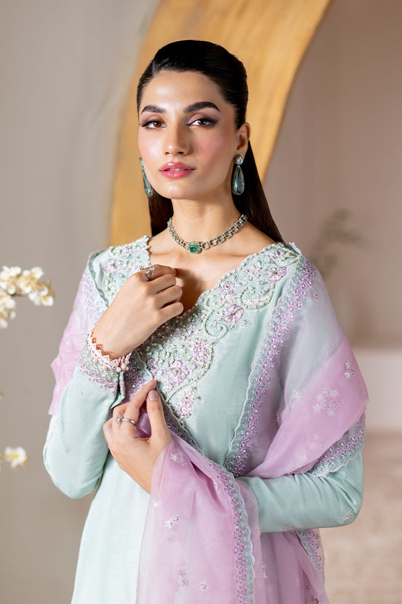 Mint Embroidered Korean Raw Silk Salwar Kameez (3-Piece) - Image 2