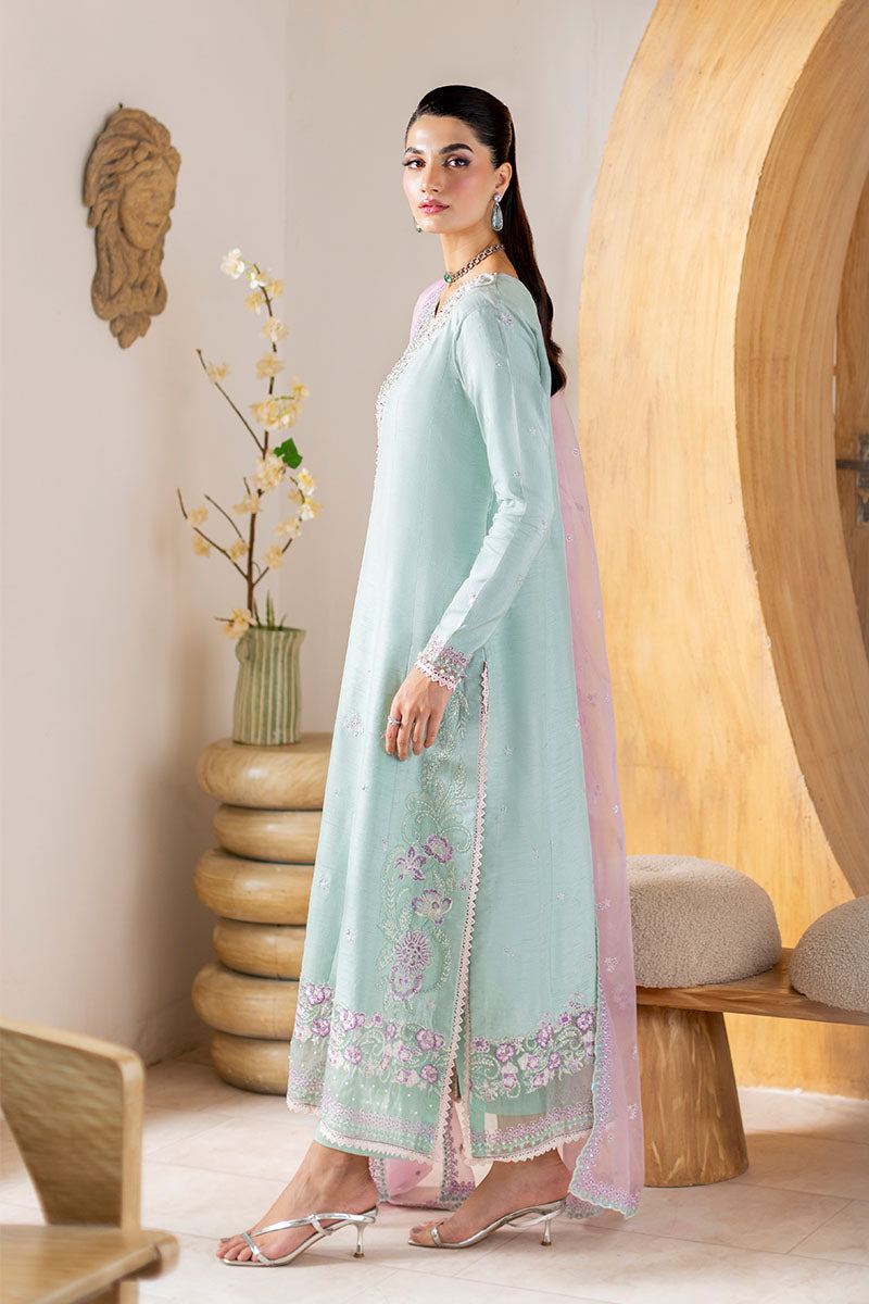 Mint Embroidered Korean Raw Silk Salwar Kameez (3-Piece) - Image 3