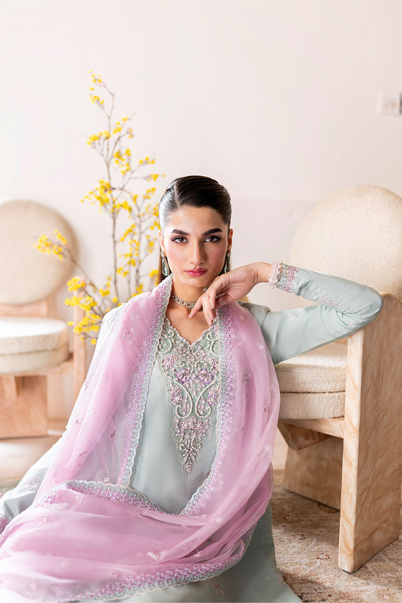 Mint Embroidered Korean Raw Silk Salwar Kameez (3-Piece) - Image 4