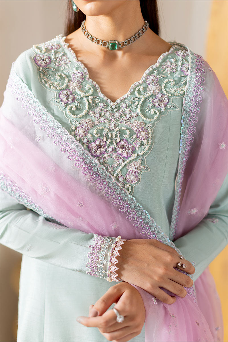 Mint Embroidered Korean Raw Silk Salwar Kameez (3-Piece) - Image 5