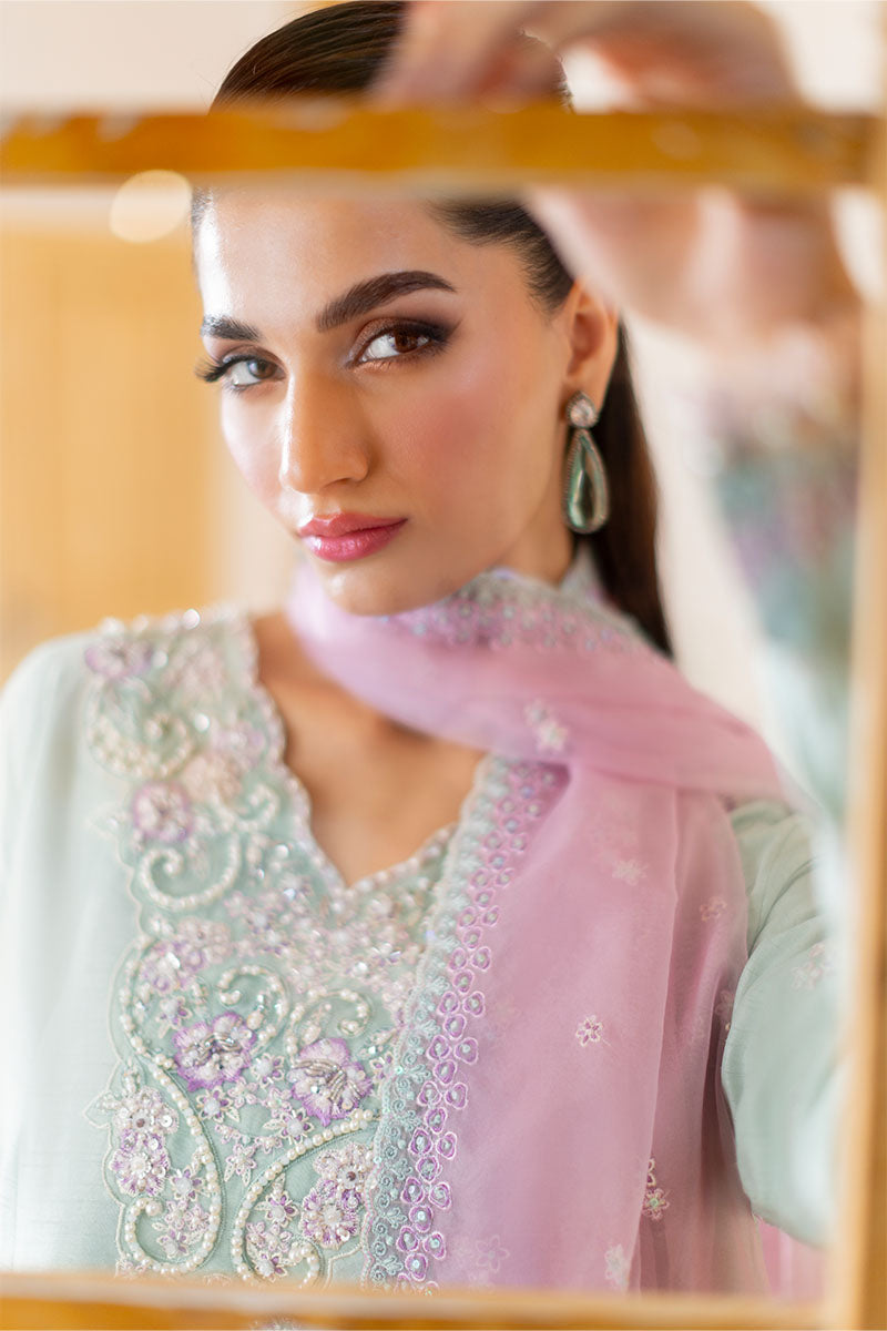 Mint Embroidered Korean Raw Silk Salwar Kameez (3-Piece) - Image 8