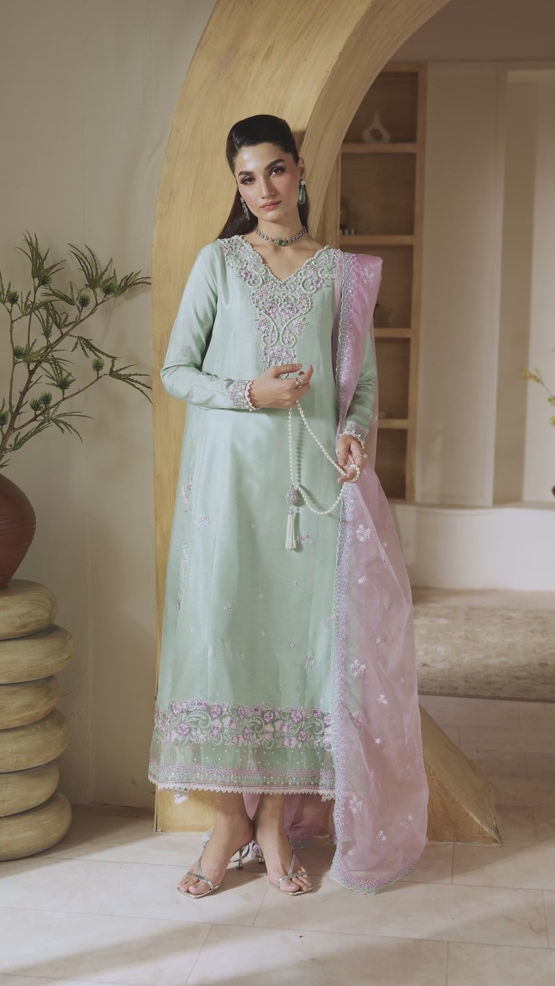 Mint Embroidered Korean Raw Silk Salwar Kameez (3-Piece) - Image 9