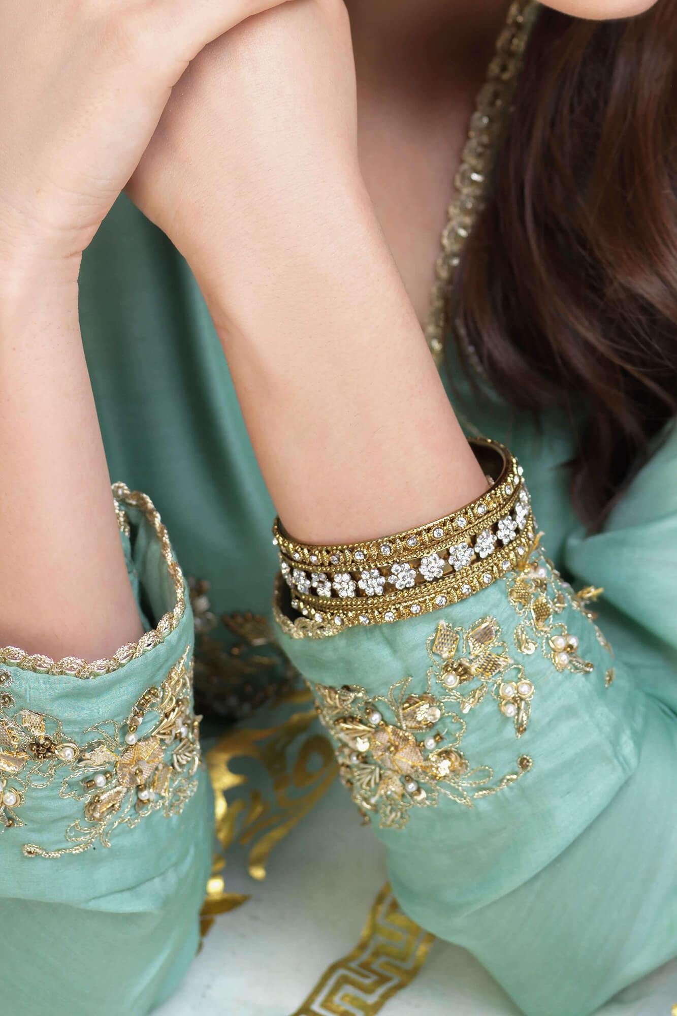 Mint Green Hand Embellished PK Raw Silk Salwar Kameez (3-Piece) - Image 1